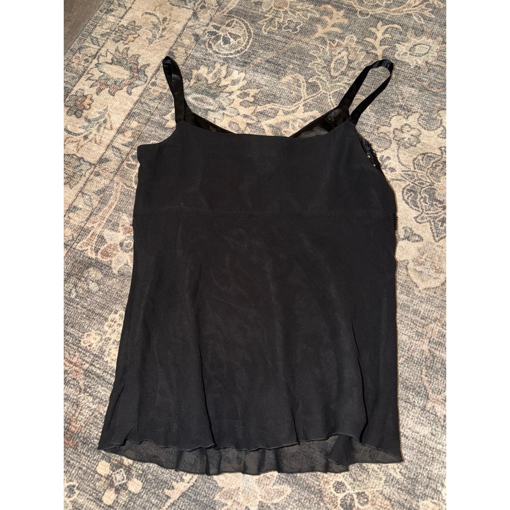 Vintage Cache Silk Black Beaded Cami Tank with Ribbon Tie Babydoll Style - Picture 4 of 4